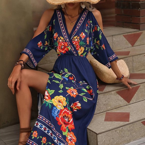 . Dresses & Skirts - Blue Boho Womens Floral Print Cold Shoulder Split Thigh Dress